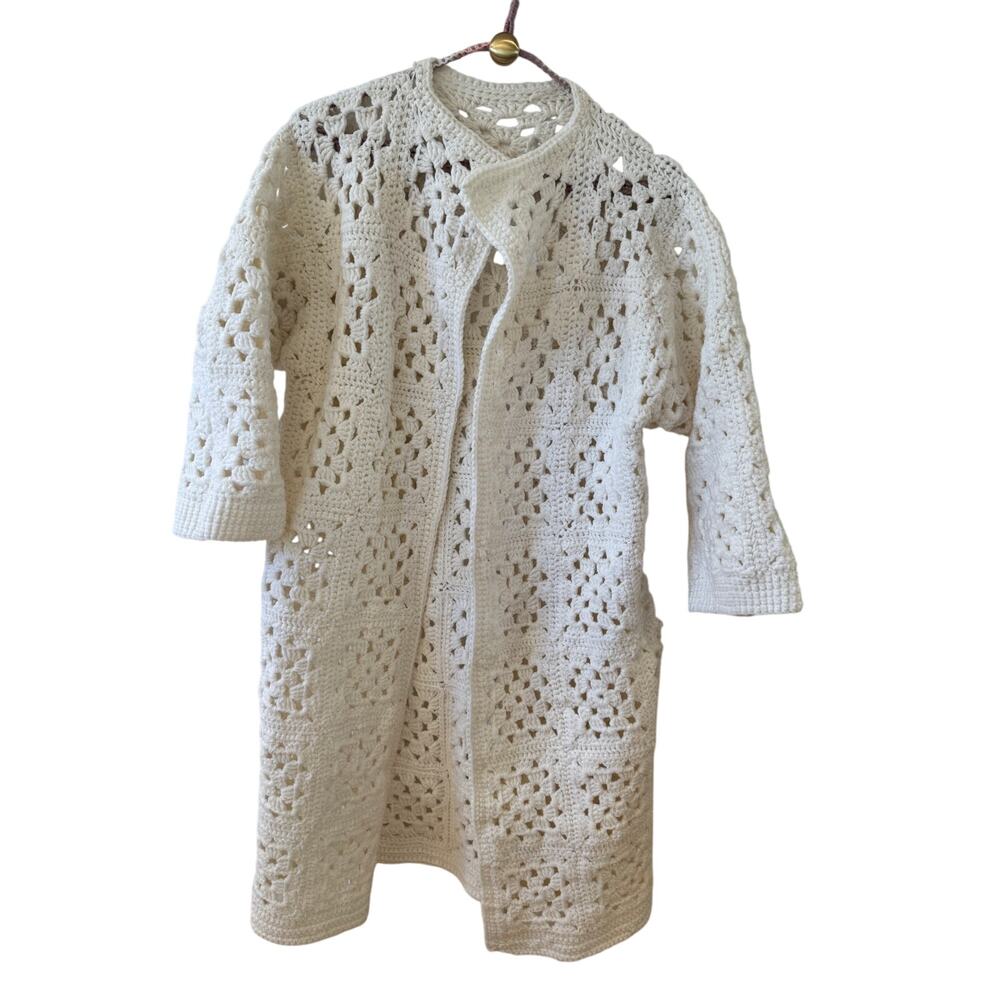Vintage Handmade White Crochet Long Sweater Duster